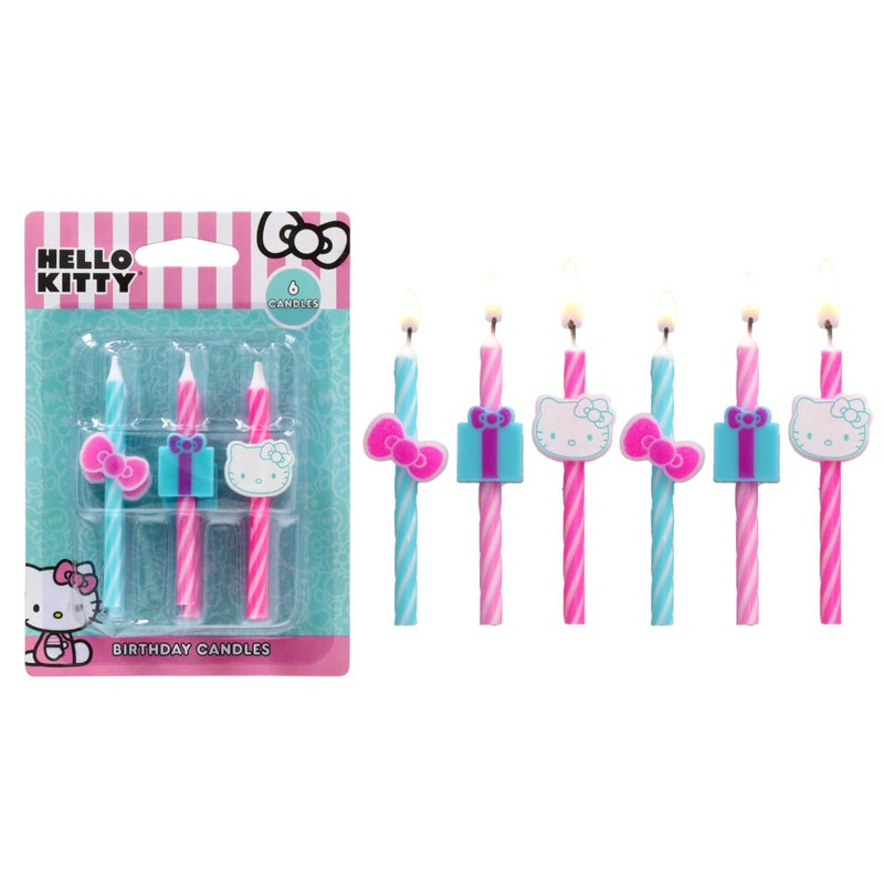 DecoPac Hello KittyÂ® Birthday Cake Candles | 6 Birthday Candles for Cake Decorations, Pink & Blue Striped Candles, Cupcake Toppers for Hello KittyÂ® Party - Image 1